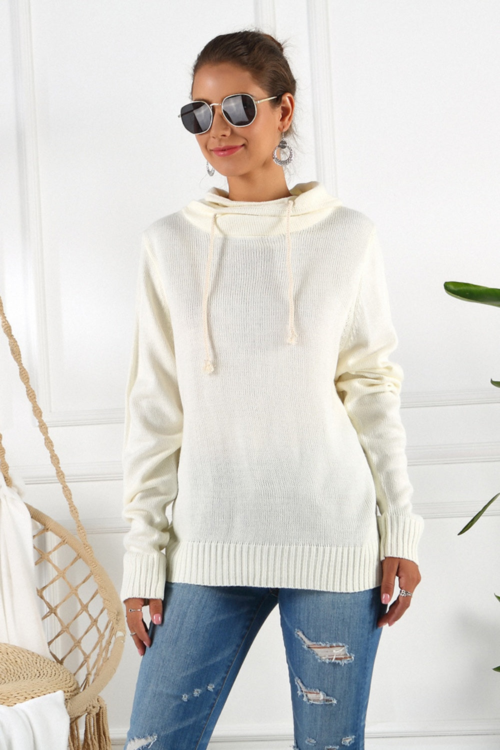 Outfit Flow - Drawstring Mock Neck Long Sleeve Sweater