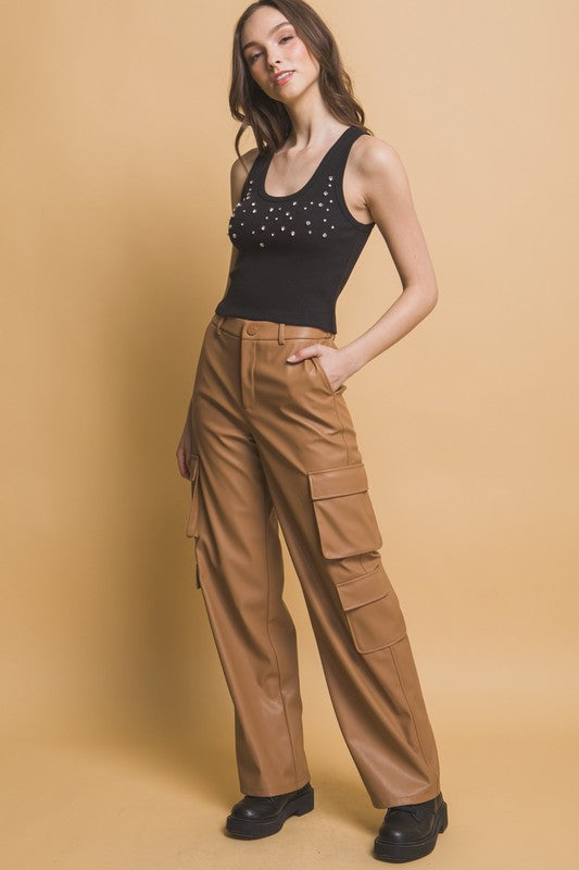 Outfit Flow - Love Tree PU Leather Cargo Pants