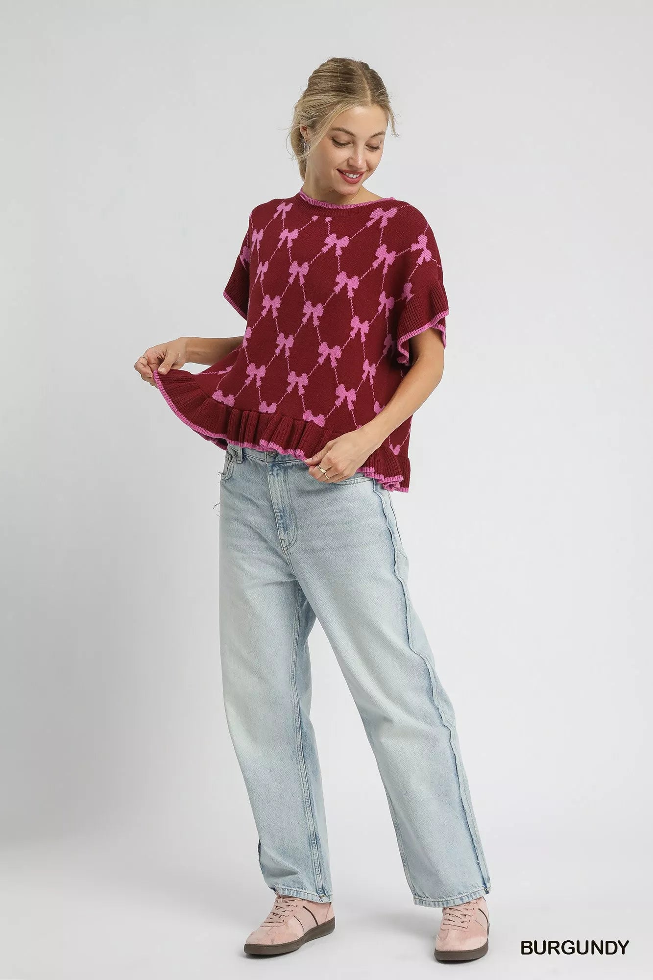 Umgee Bow Knit Ruffle Sleeve Sweater Trendsi