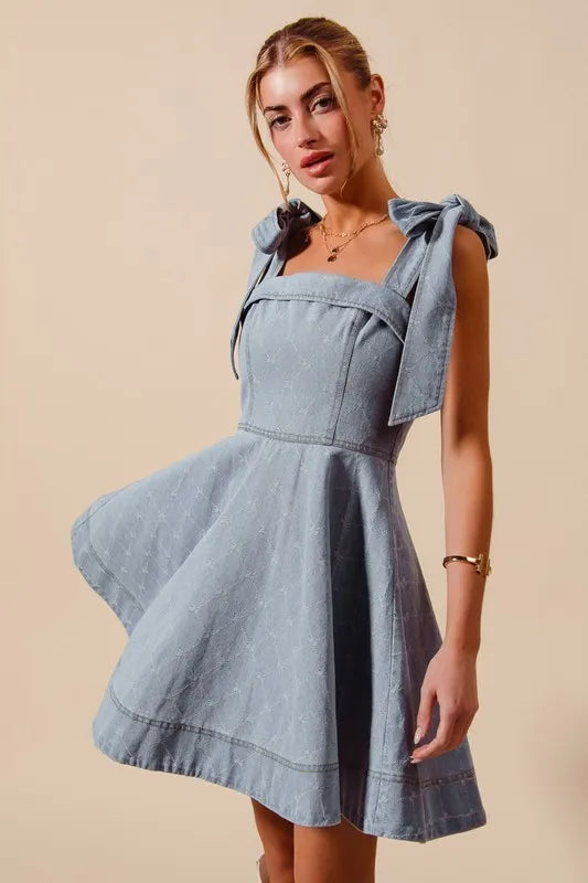 SO ME A Line Fit and Flare Diamond Bow Ribbon Denim Dres OutfitFlow