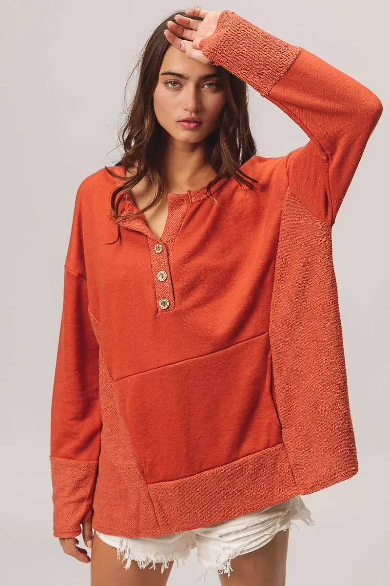 BiBi French Terry Knit Side Block Buttoned Henley Top Trendsi