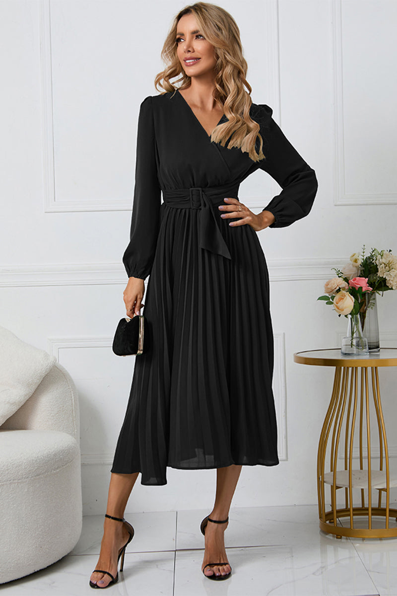 Outfit Flow - V-Neck Long Sleeve Tie Waist Midi Dress