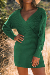 Outfit Flow - Cable-Knit Surplice Lantern Sleeve Sweater Dress