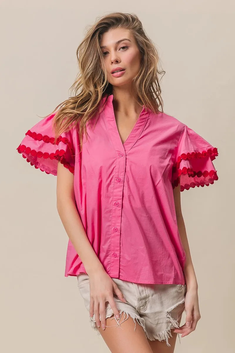 BiBi Dot Trim Flutter Sleeve Notched Top OutfitFlow