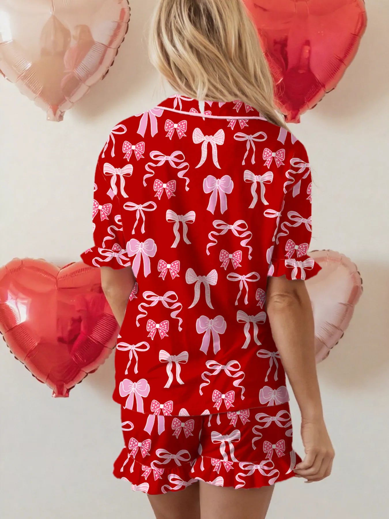 Bow Print Ruffled Short Sleeve Shirt and Shorts 2pcs Pajama Set OutfitFlow
