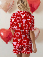 Bow Print Ruffled Short Sleeve Shirt and Shorts 2pcs Pajama Set OutfitFlow