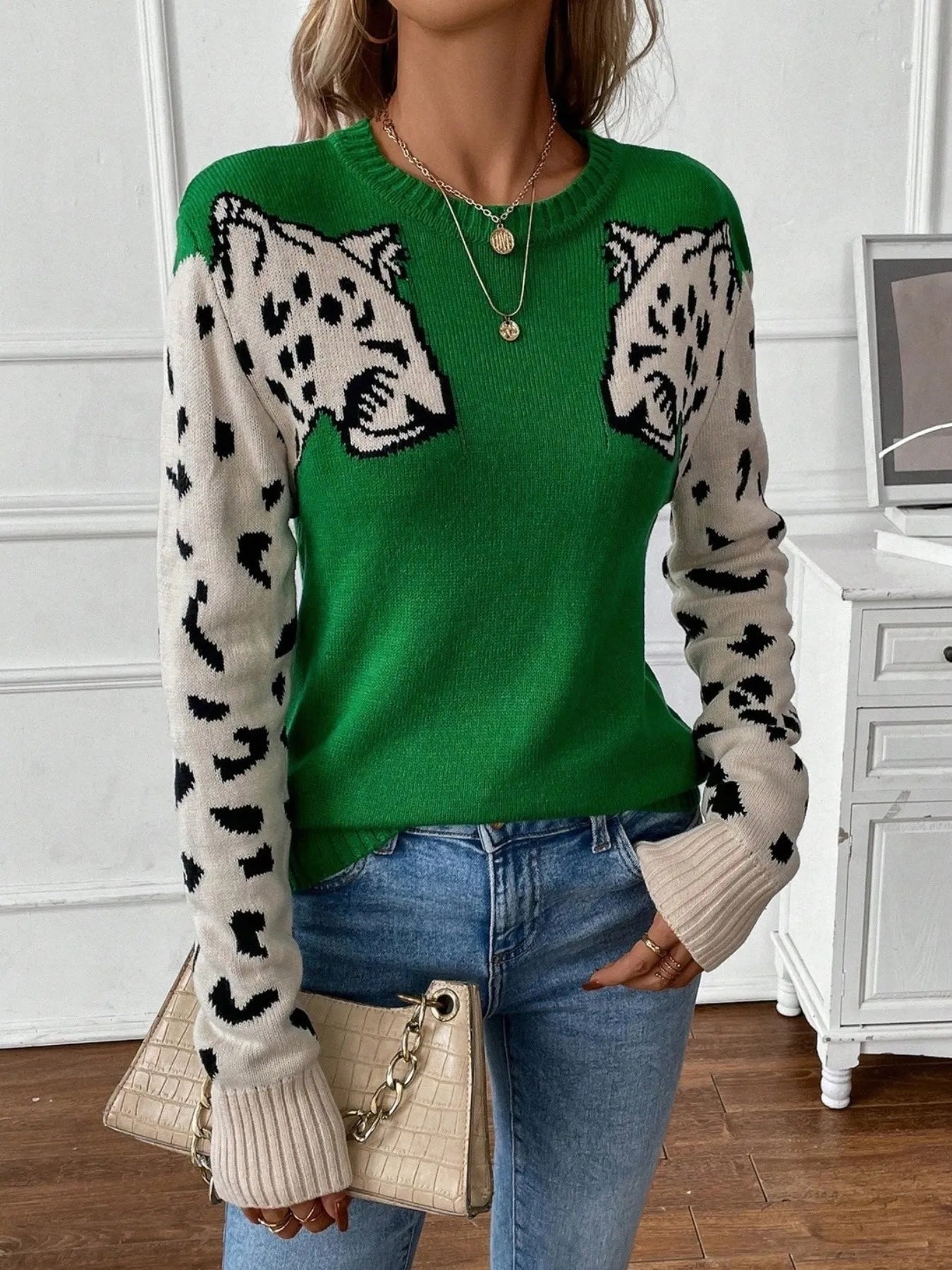 Leopard Round Neck Sweater OutfitFlow