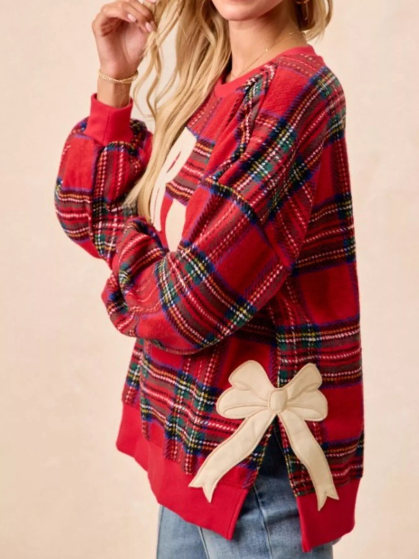 MERRY Bow Slit Crew Neck Christmas Sweatshirt OutfitFlow