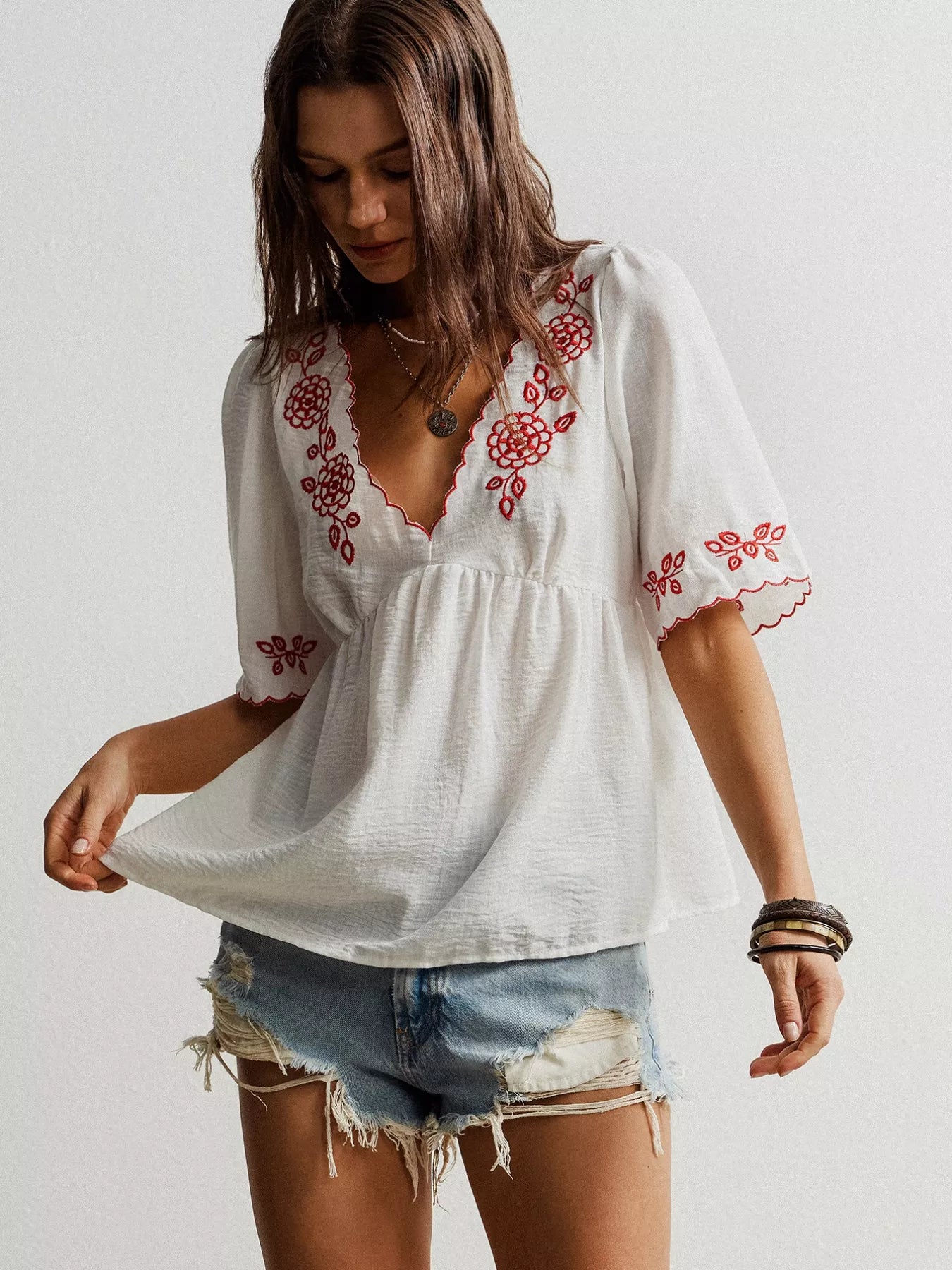 Embroidered Floral V-Neck Blouse OutfitFlow