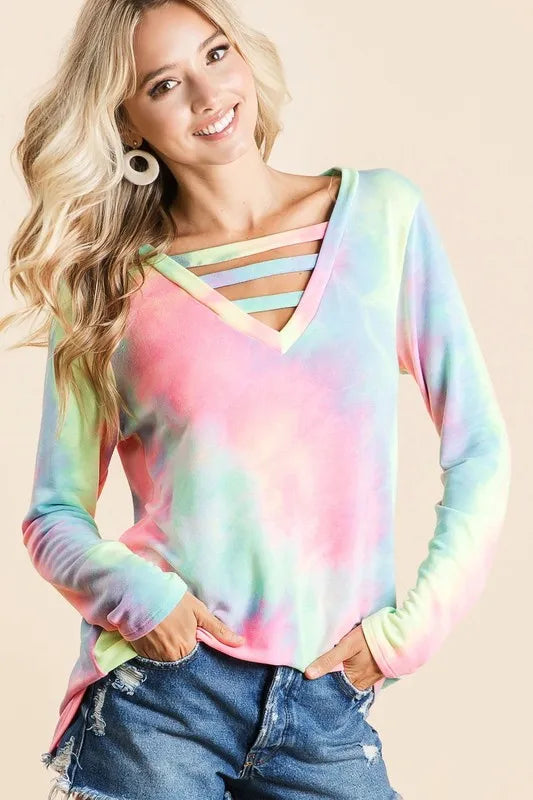 BiBi Tie Dye French Terry V-Neck Top with Strapped OutfitFlow