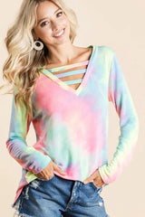 BiBi Tie Dye French Terry V-Neck Top with Strapped OutfitFlow