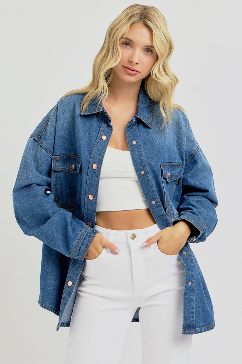 RISEN Full Size Snap Down Long Sleeve Denim Jacket