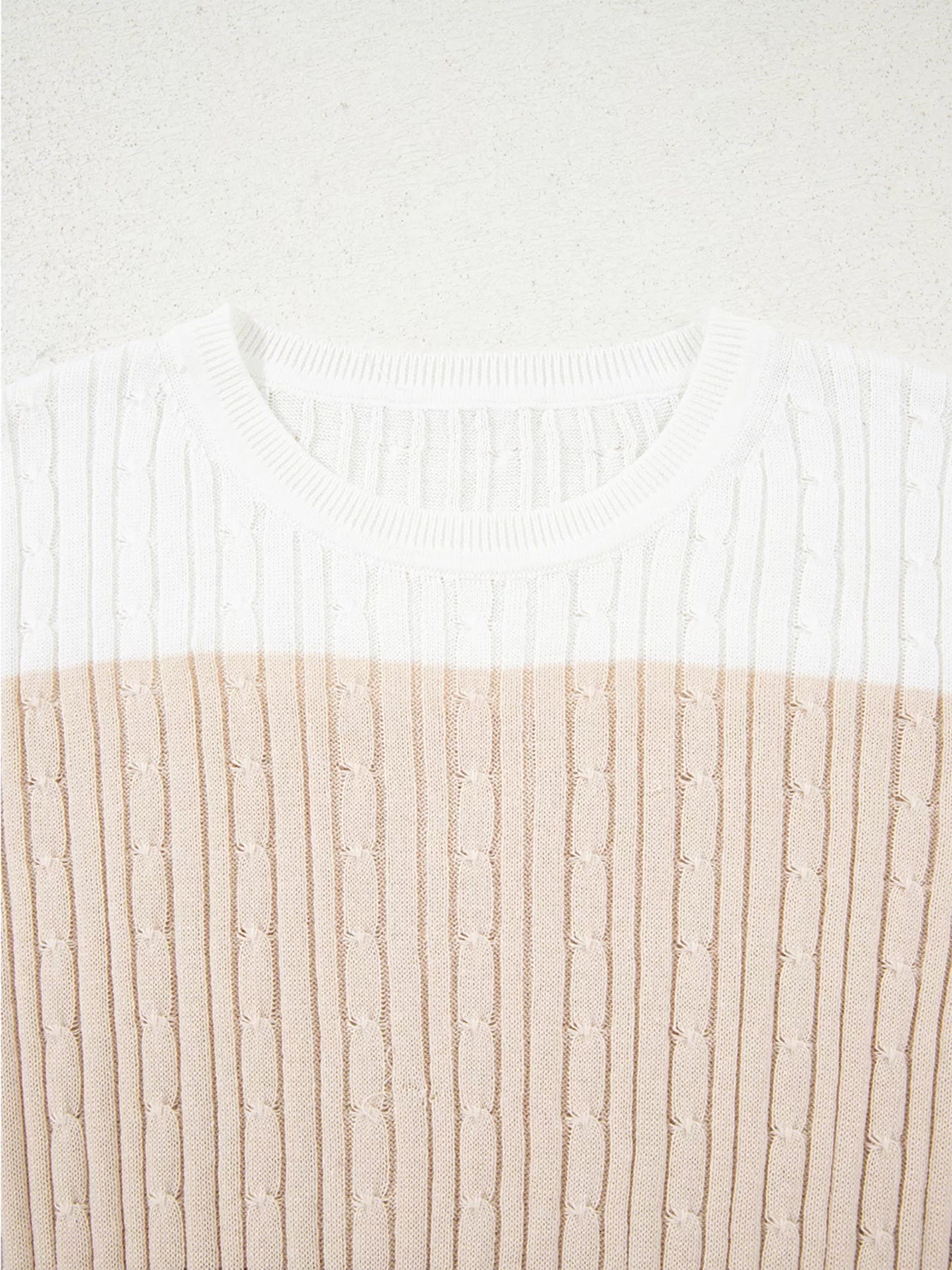 Colorblock Cable Knit Round Neck Sweater OutfitFlow