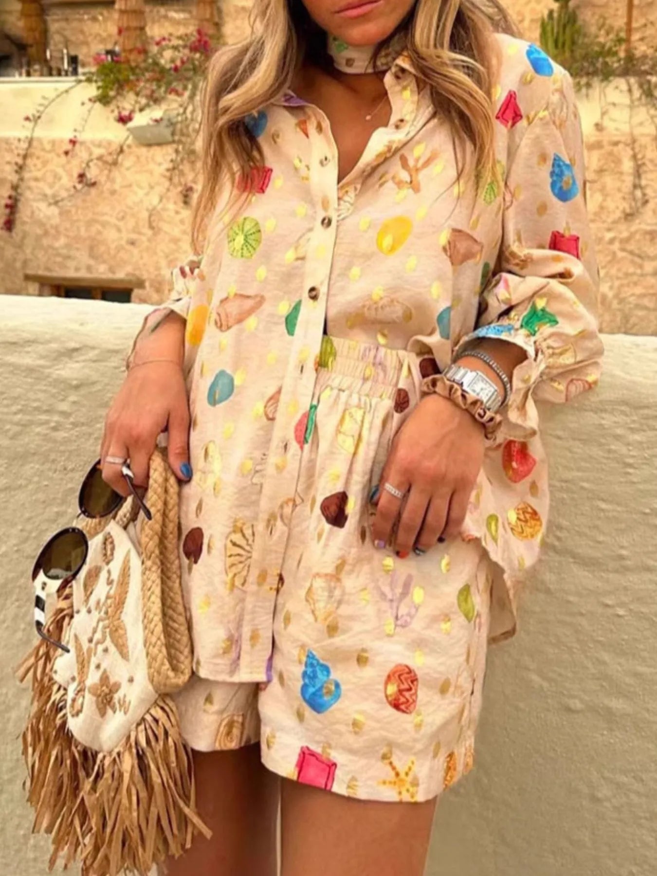 Colorful Print Shirt and Shorts Matching Set OutfitFlow