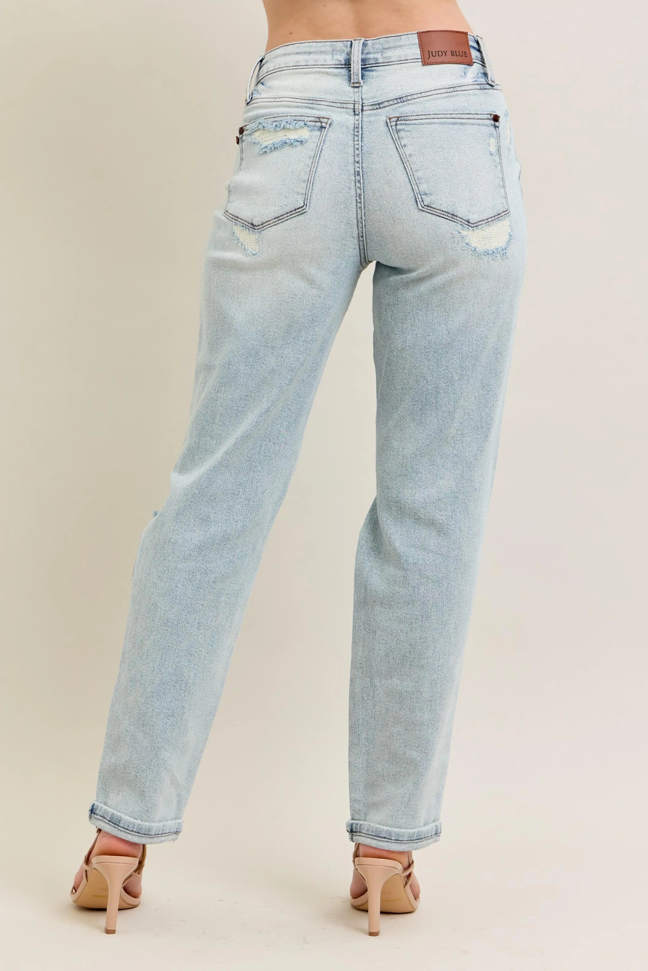 Judy Blue Full Size Mr Repair Stitch Detail Destroy Single Cuff Bf Jeans Plus Size OutfitFlow