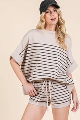 Lime 'N' Chili Striped Folded Half Sleeve Top and Shorts Set OutfitFlow