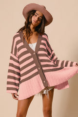 Outfit Flow - BiBi Slit Striped V-Neck Button Up Cardigan