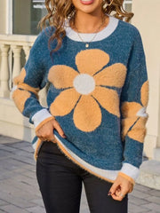 Flower Round Neck Sweater Blue Trendsi