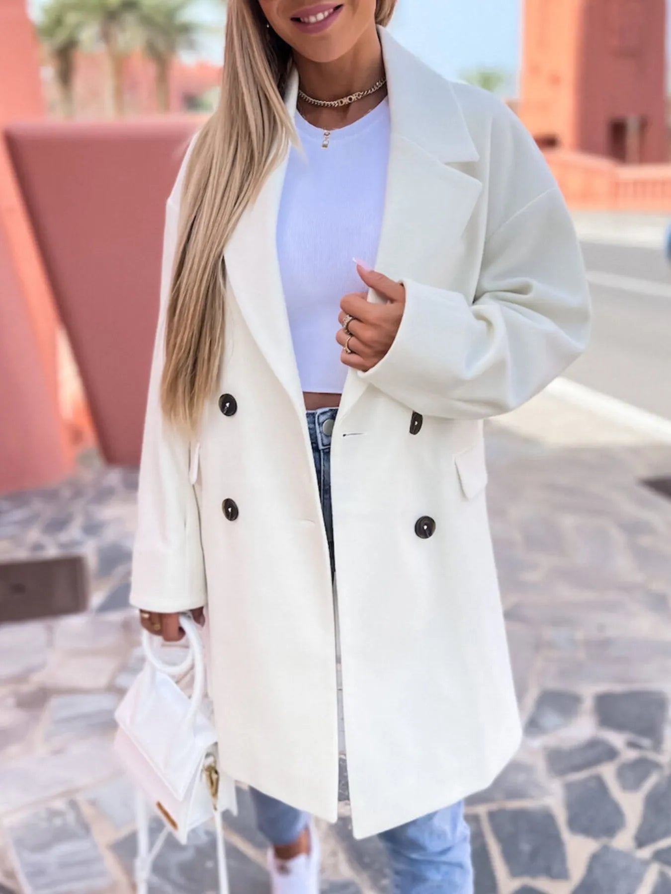 Full Size Double-Breasted Wool Coat Plus Size White Trendsi