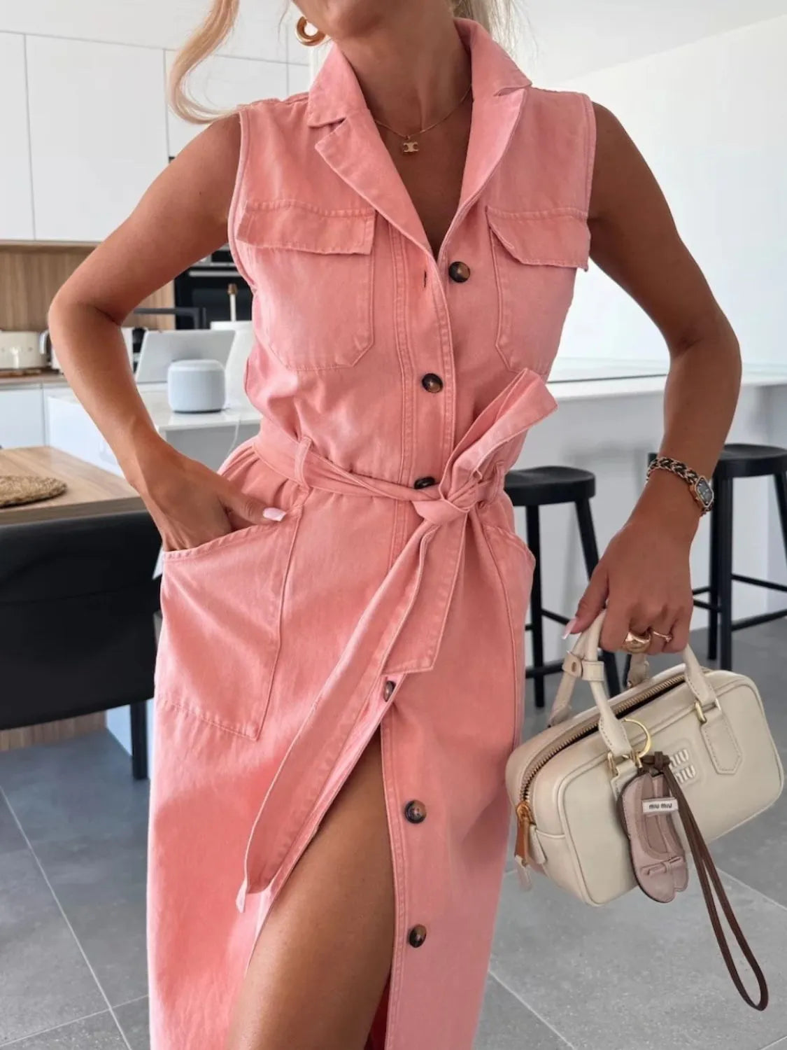 Button Front Sleeveless Denim Dress Burnt Coral OutfitFlow