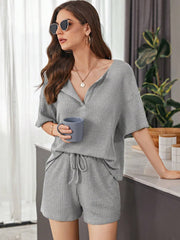 Outfit Flow - Full Size Waffle-Knit Dropped Shoulder Top and Shorts Set