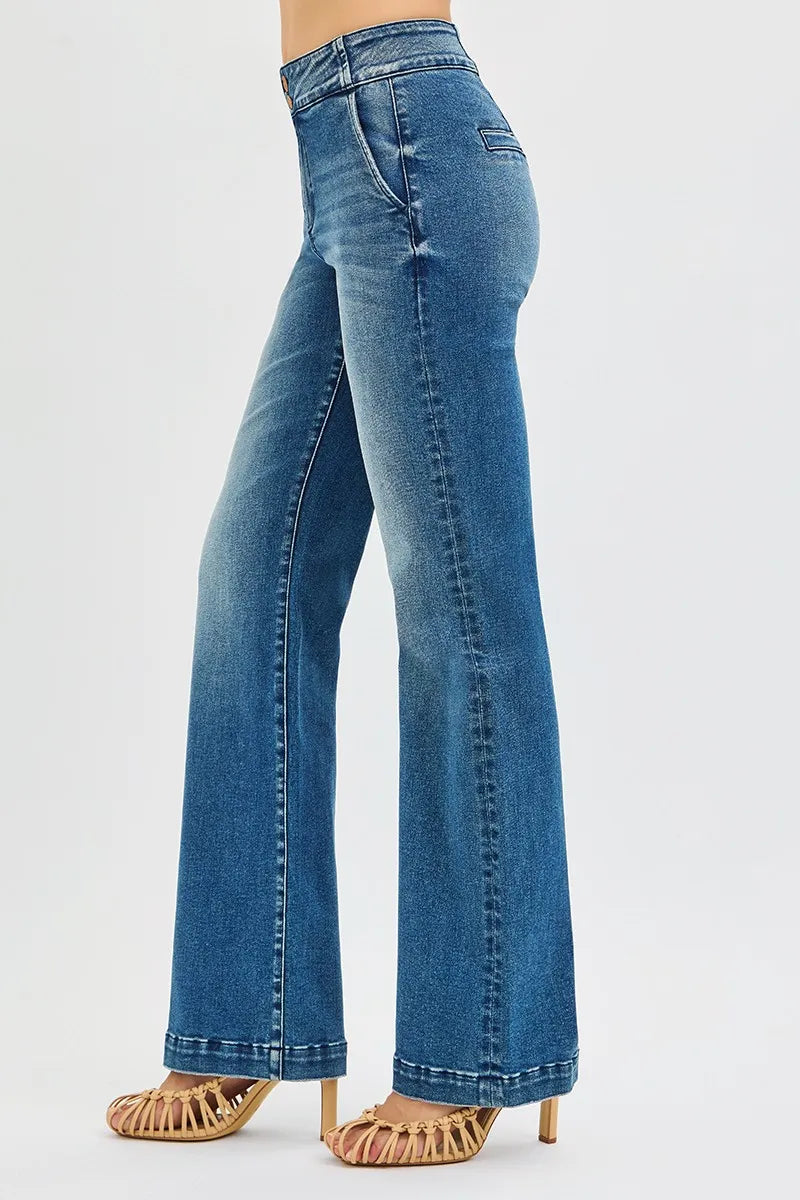 RISEN Full Size Tummy Control High Rise Bootcut Jeans with Double Button Waistband Plus Size Trendsi