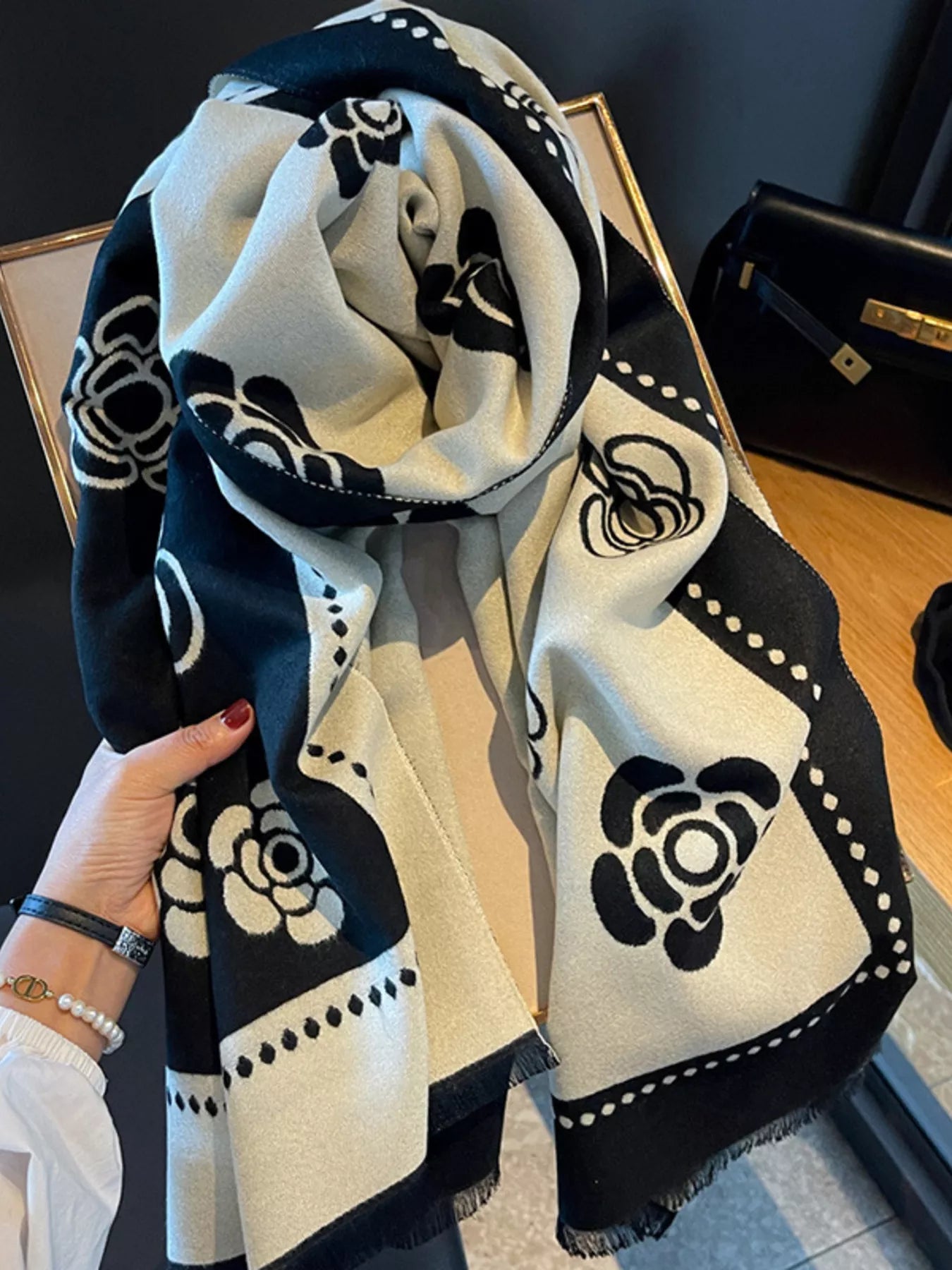 Floral Pattern Raw Hem Scarf Black One Size OutfitFlow