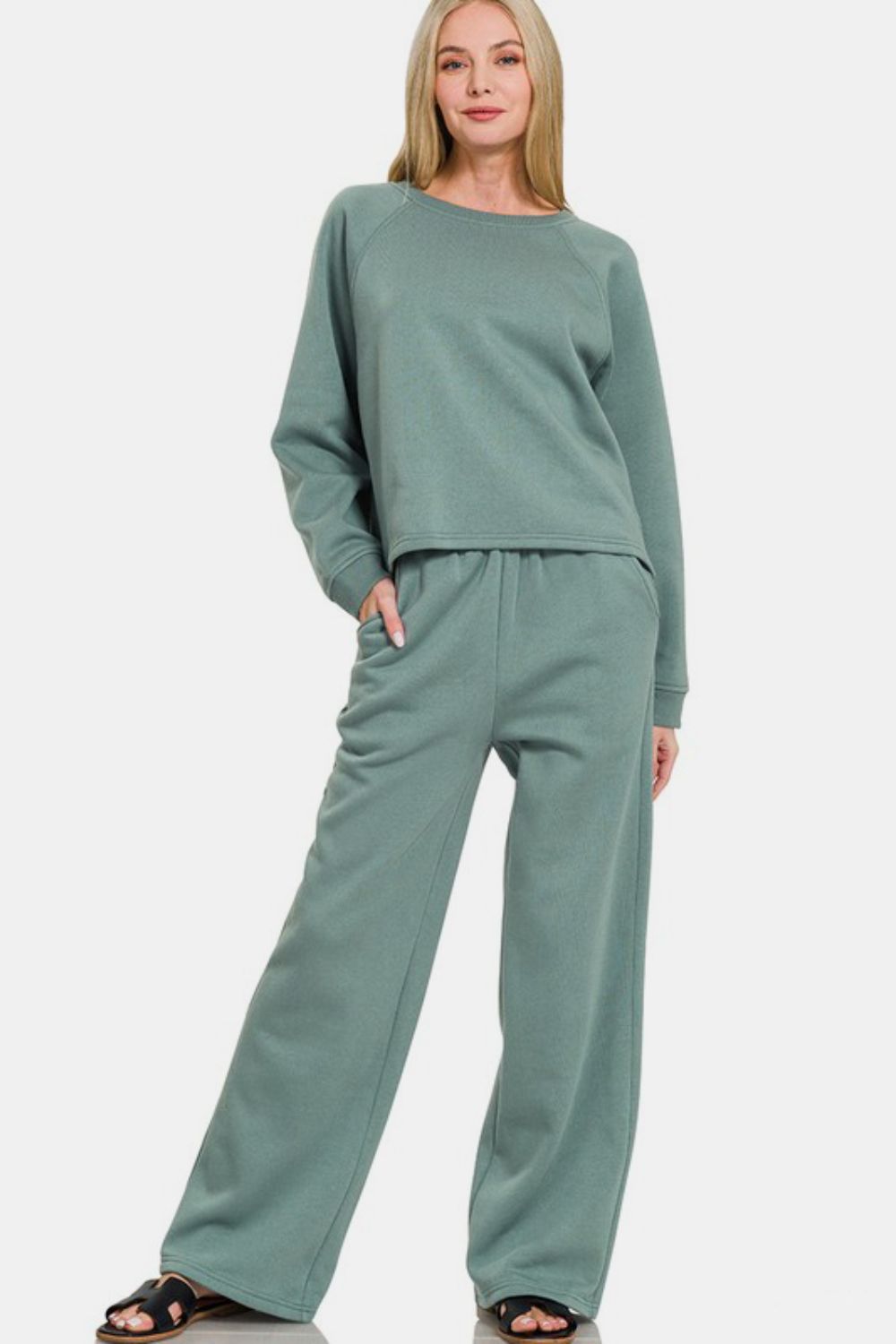 Outfit Flow - Zenana Round Neck Raglan Sleeve Top and Elastic Waist Pants Set