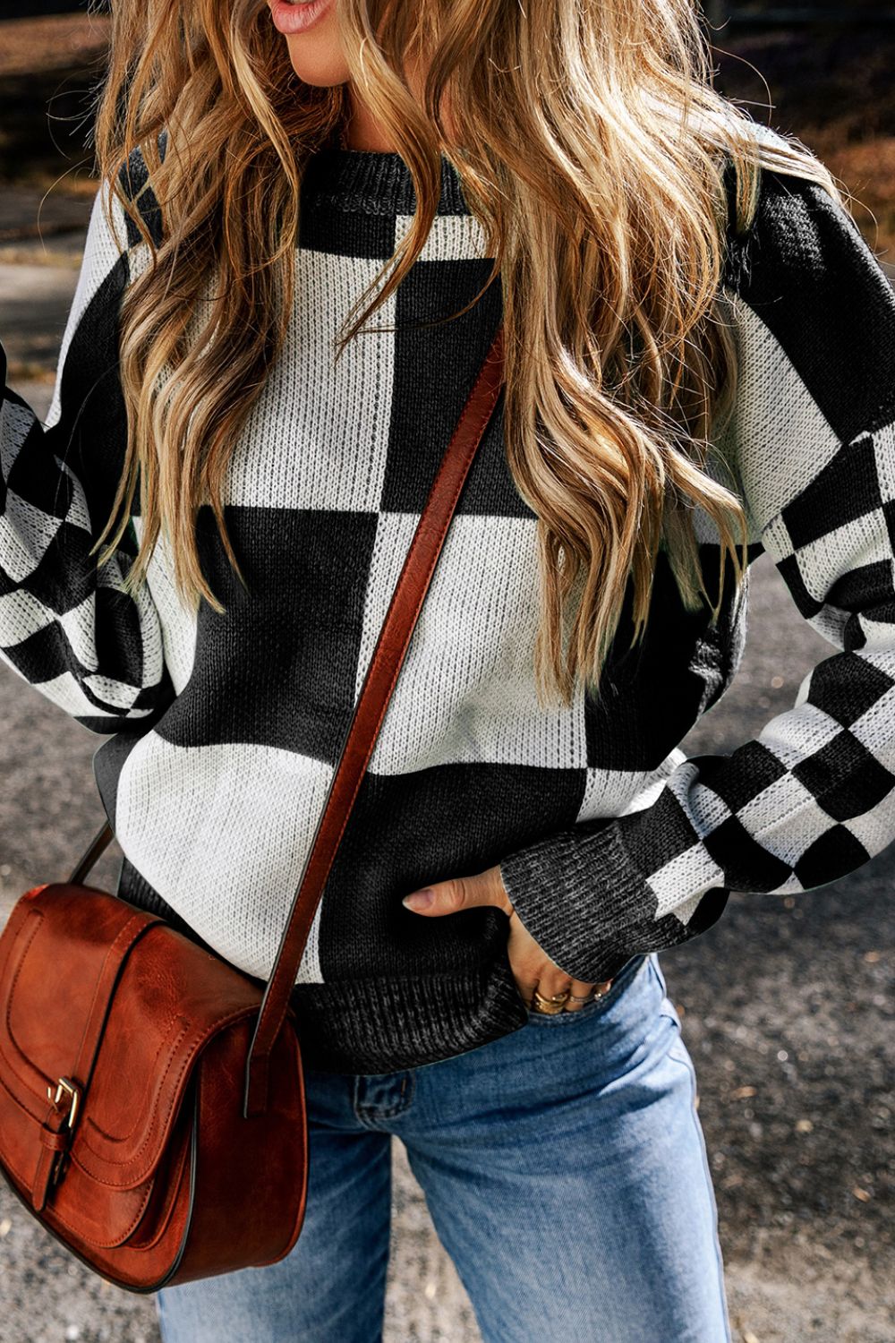 Outfit Flow - Checkered Round Neck Drop Shoulder Sweater