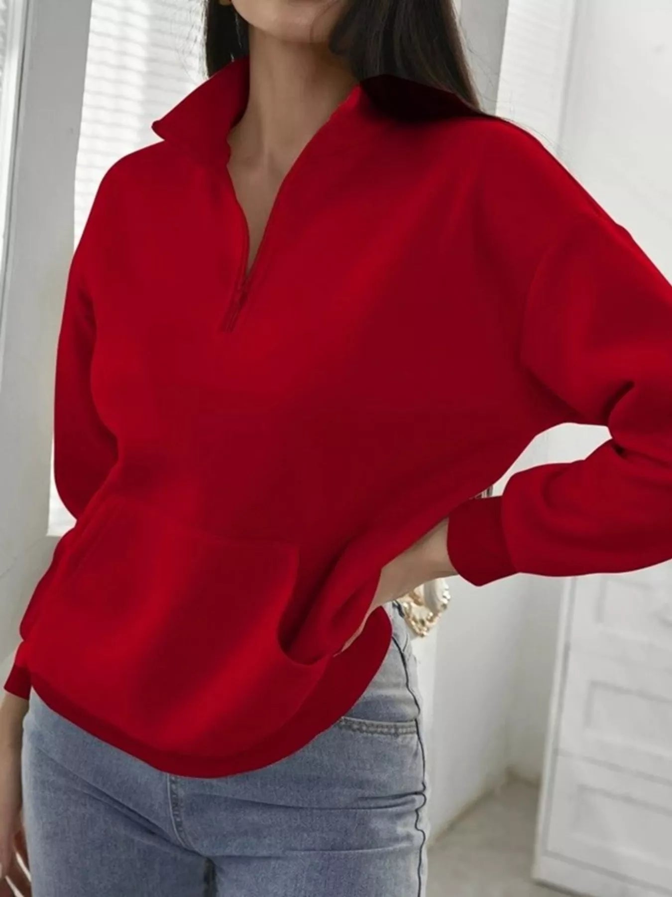 Zip-Up Collar Sweatshirt with Pocket Brick Red OutfitFlow