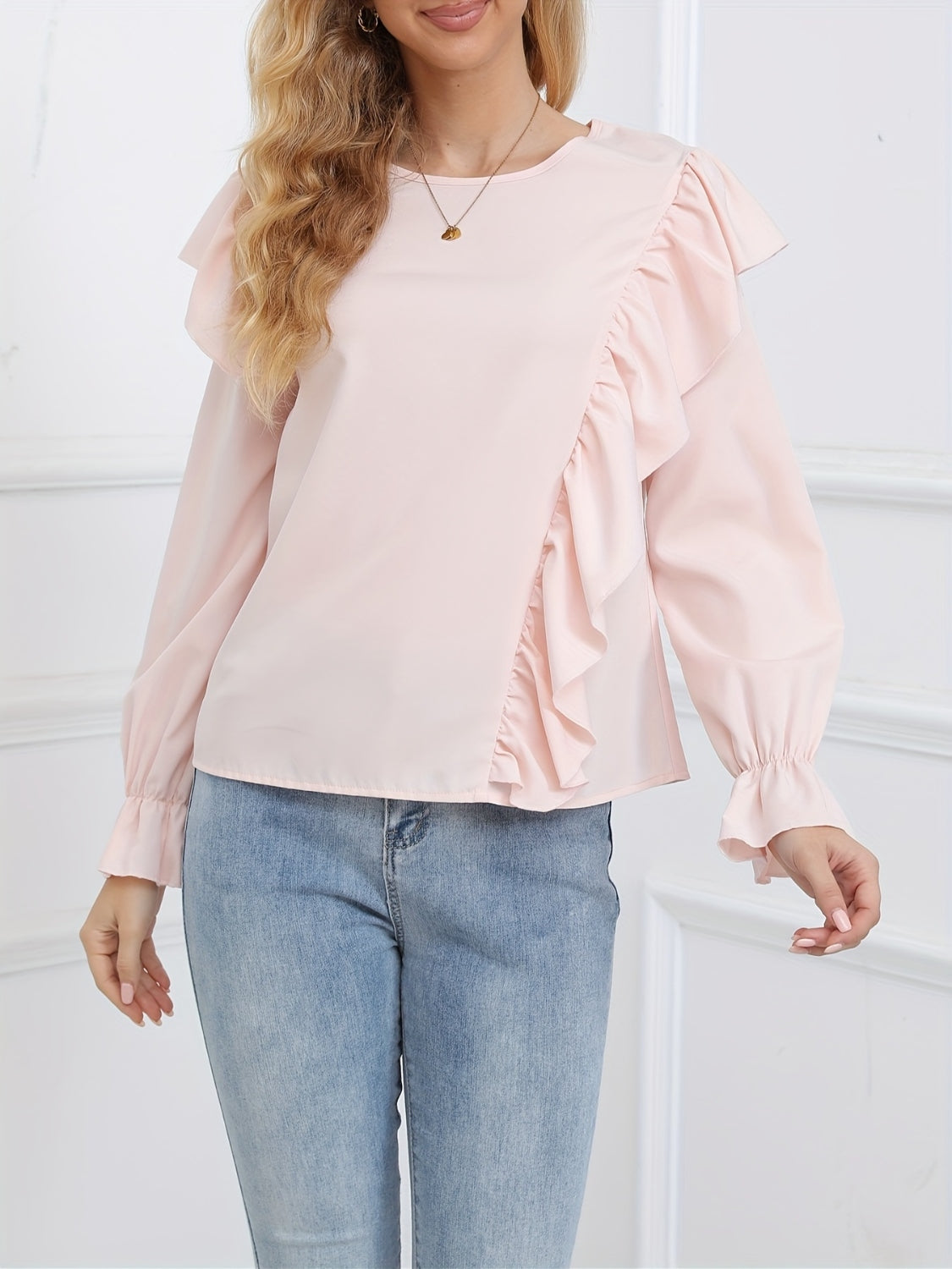 Ruffled Round Neck Long Sleeve Blouse OutfitFlow