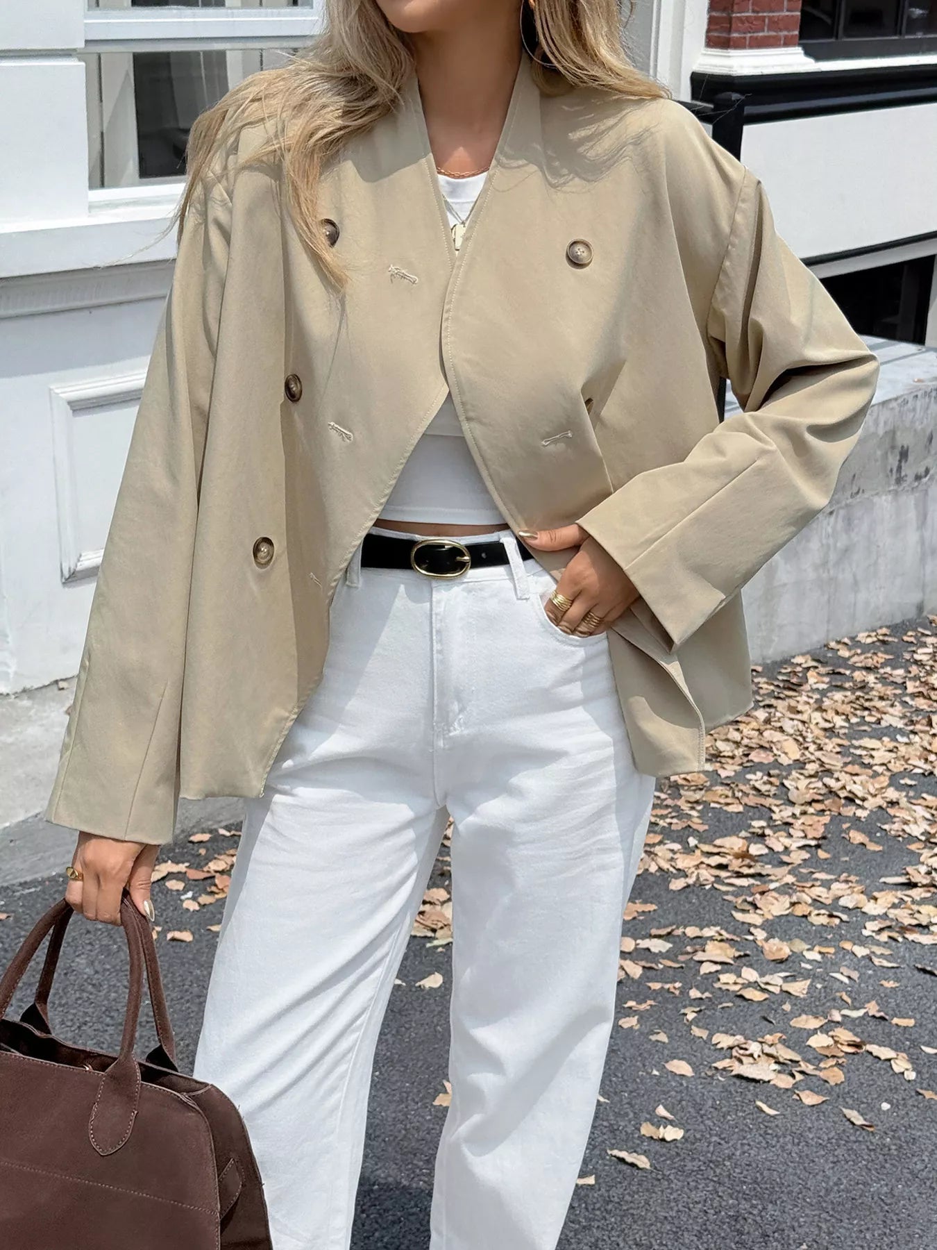 Double-Breasted Long Sleeve Jacket Apricot OutfitFlow