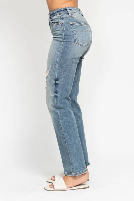 Judy Blue Full Size High Waist Distressed Dad Jean Plus Size OutfitFlow