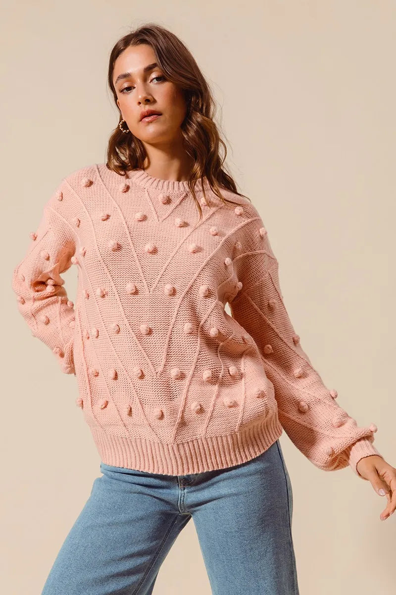 SO ME Pom Pom Textured Knit Sweater Top Trendsi