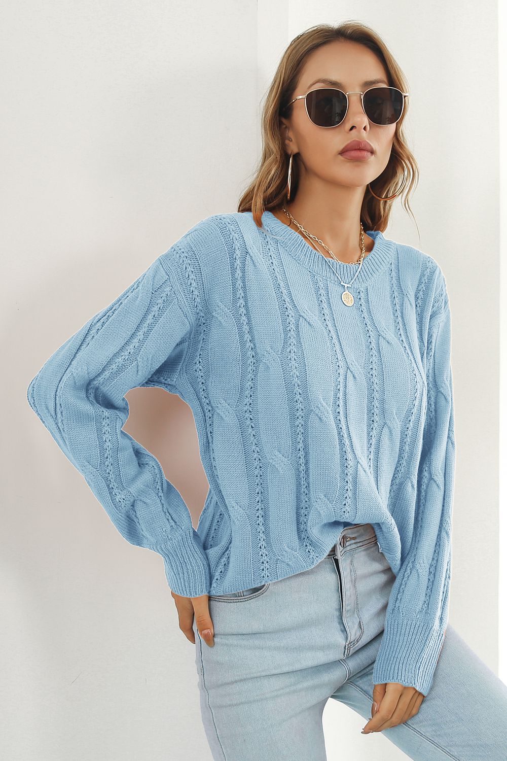 Round Neck Long Sleeve Sweater Light Blue OutfitFlow