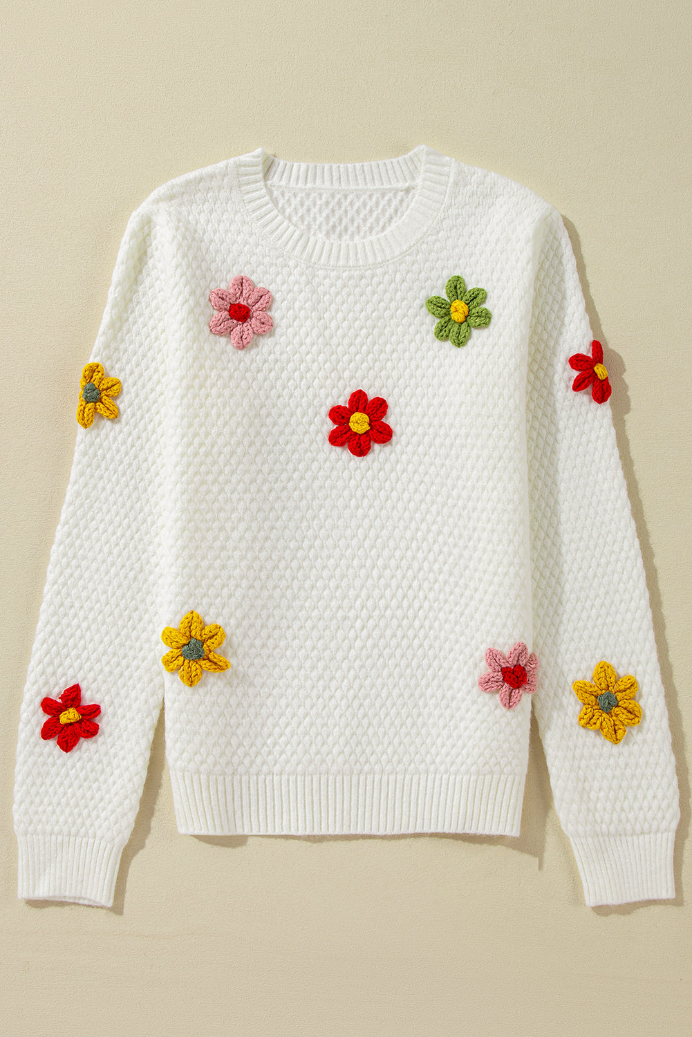 Outfit Flow - Crochet Flower Round Neck Long Sleeve Sweater