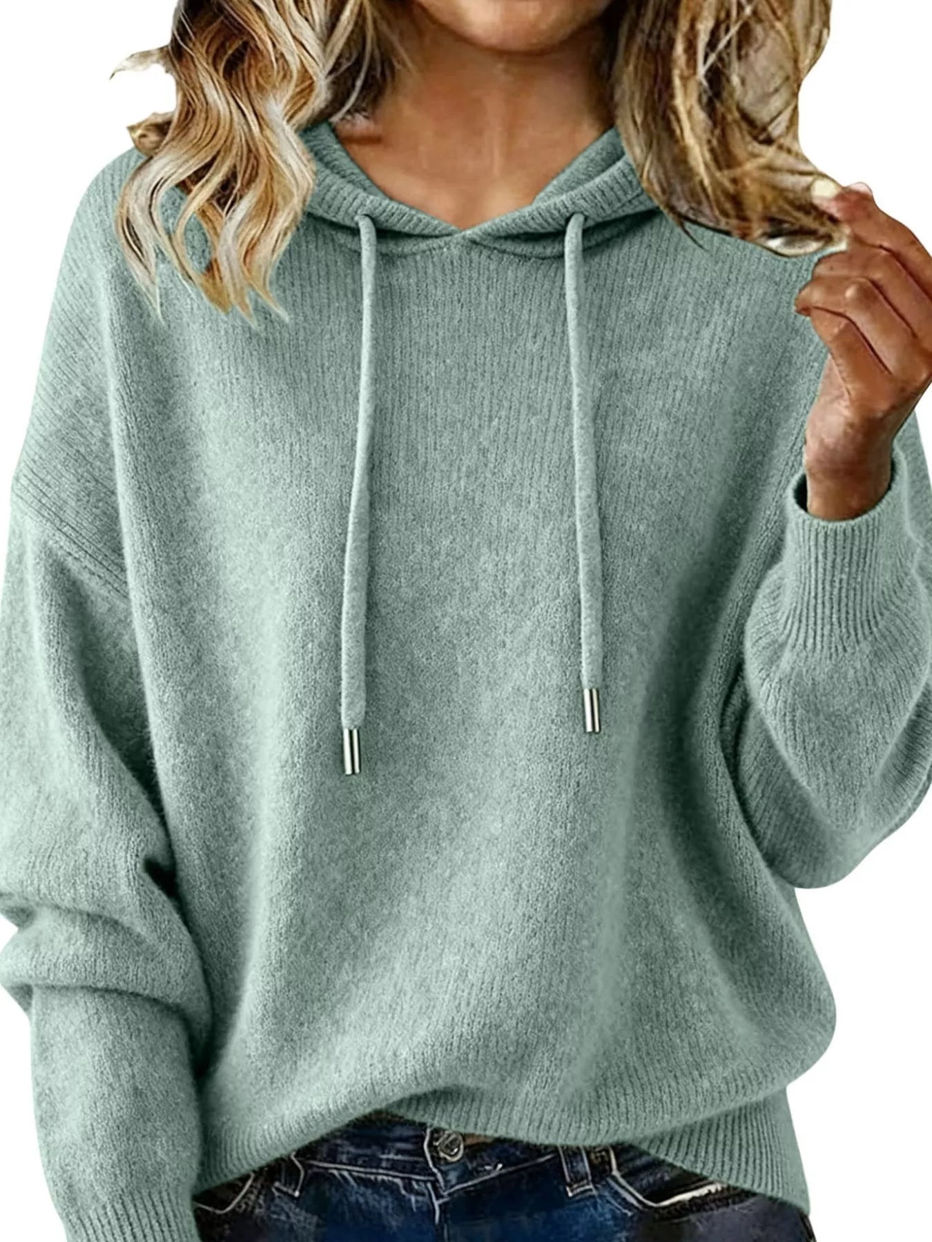 Drawstring Long Sleeve Hooded Sweater Light Green Trendsi