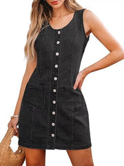 Button-Front Sleeveless Denim Dress Black Gray OutfitFlow