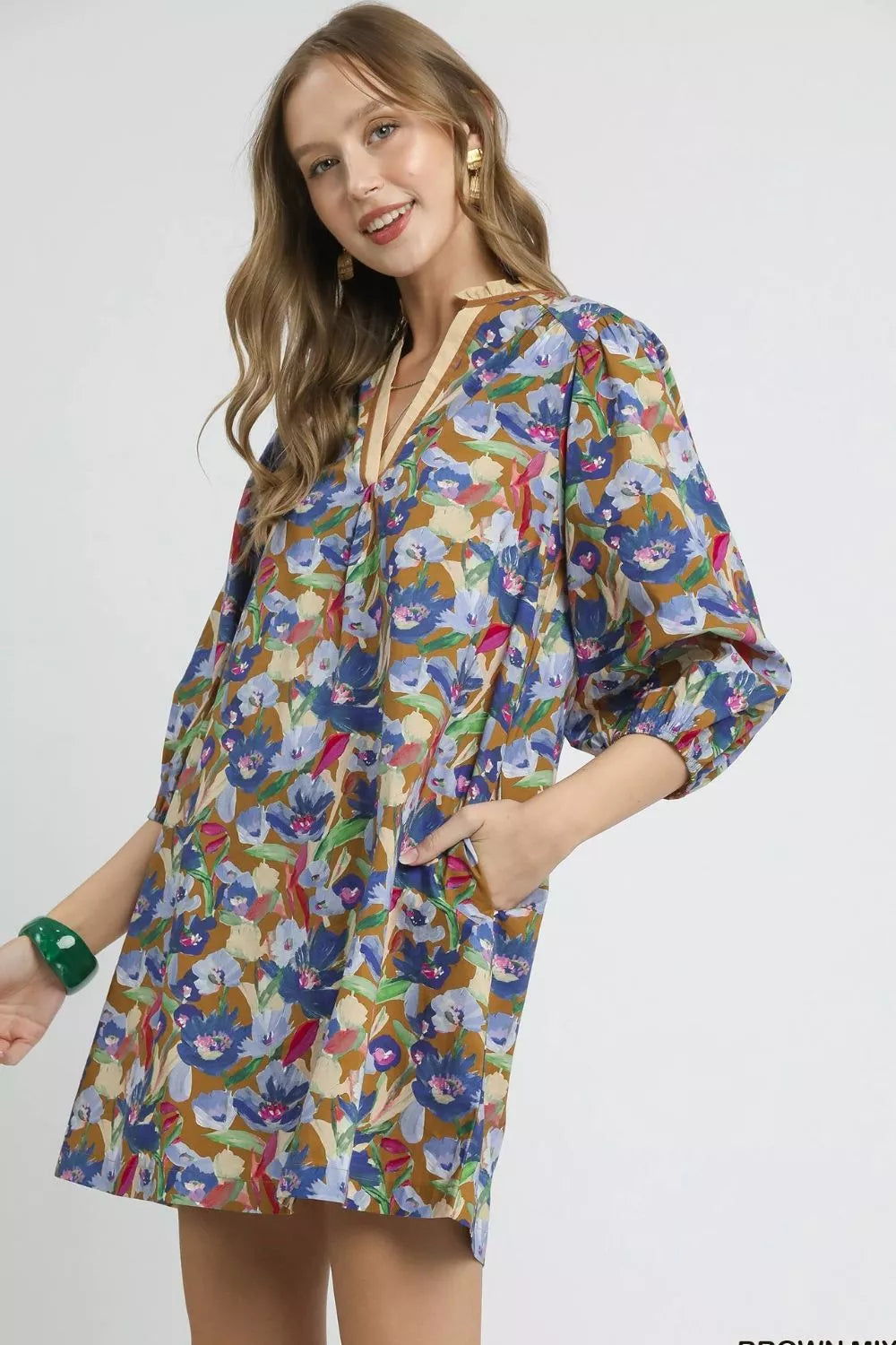 Umgee Boho Floral Balloon Sleeve Mini Dress Trendsi