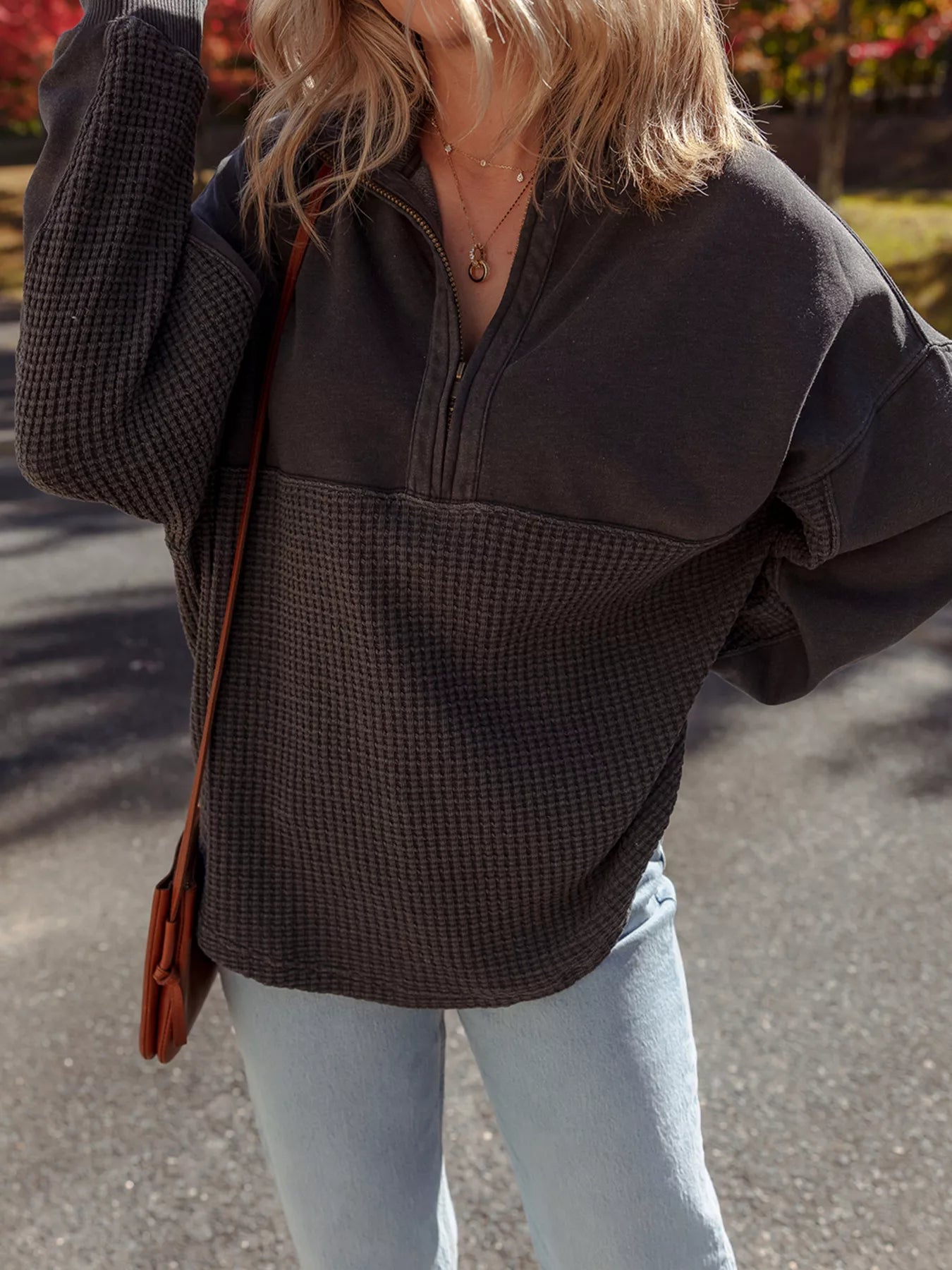 Waffle Knit Patchwork Half Zipped Casual Sweatshirt OutfitFlow