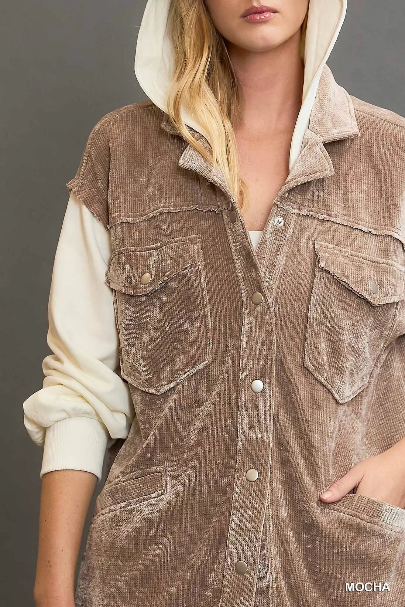 Umgee Contrast Hooded Chenille Jacket OutfitFlow