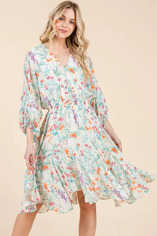 Lime 'N' Chili Floral Cinched Waist Balloon Sleeve V-Neck Dress OutfitFlow