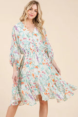 Lime 'N' Chili Floral Cinched Waist Balloon Sleeve V-Neck Dress OutfitFlow