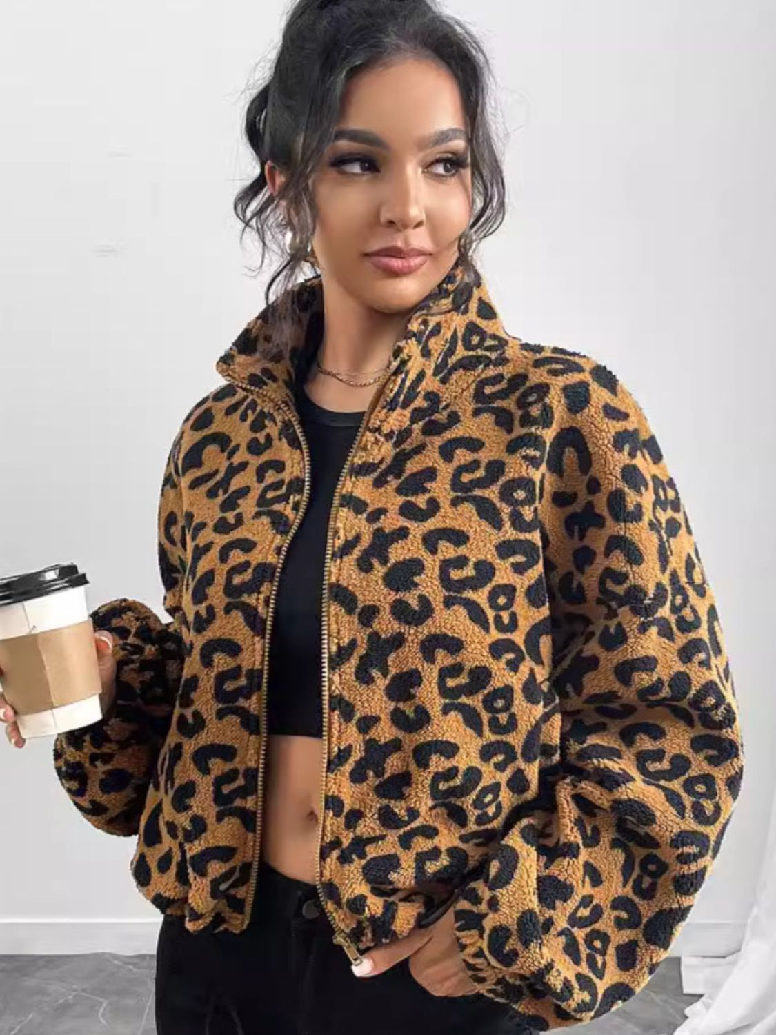 Outfit Flow - Leopard Zip Up Long Sleeve Jacket