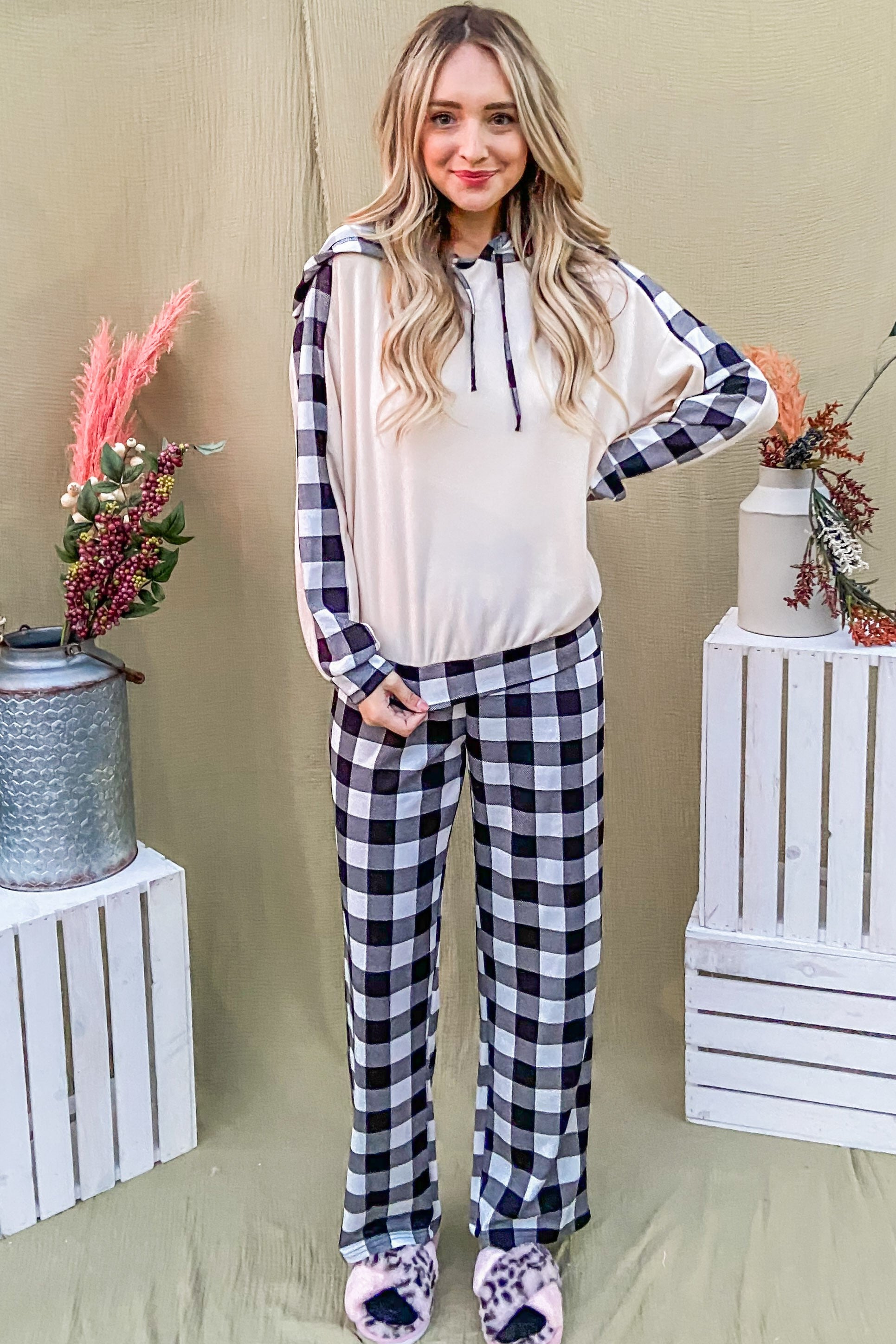 Outfit Flow - And The Why Drawstring Hooded Top and Plaid Pants Lounge Set