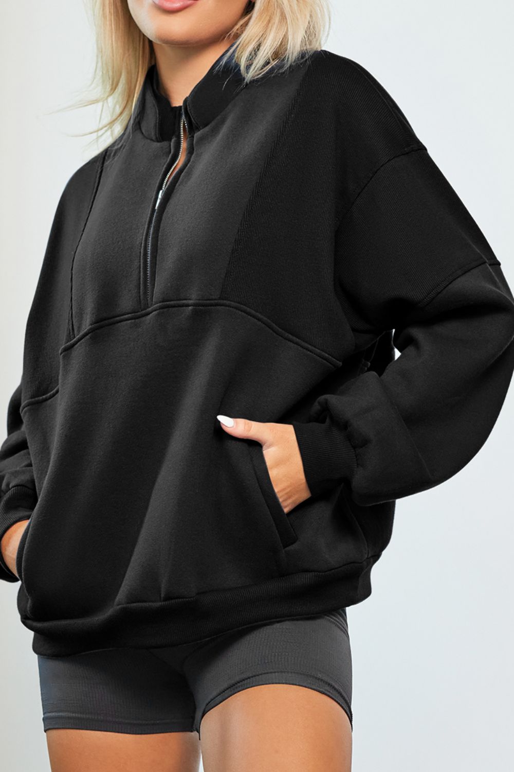 Half Zip Drop Shoulder Long Sleeve Sweatshirt Black OutfitFlow