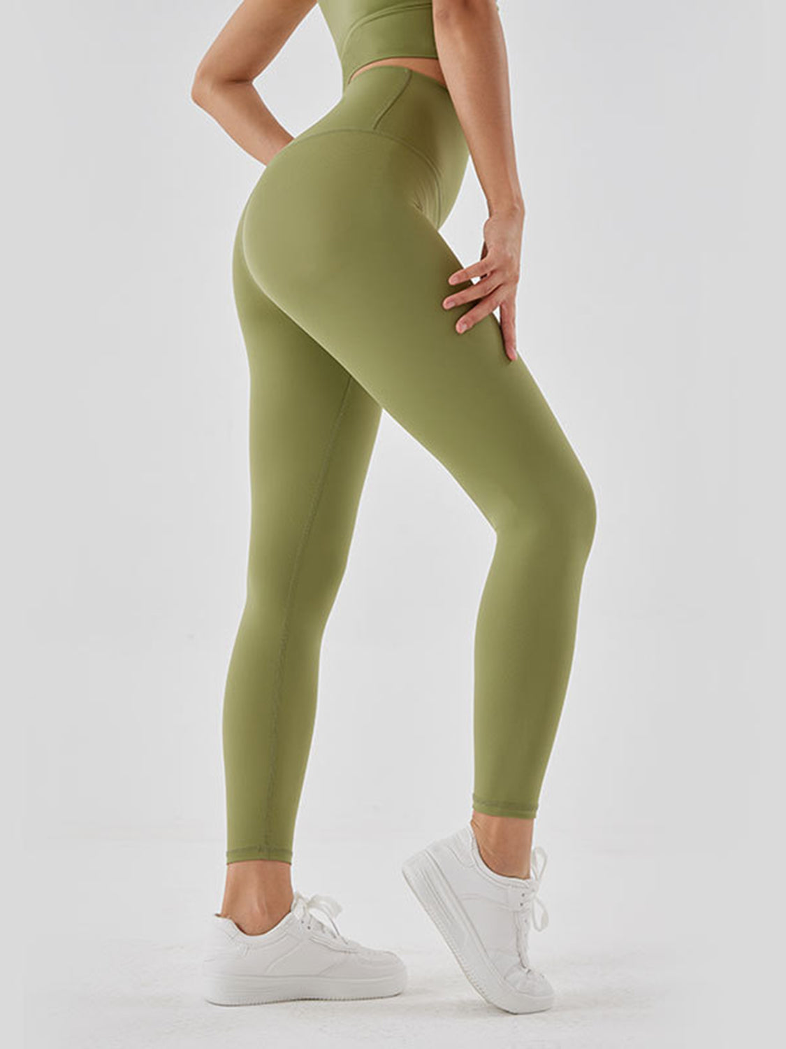 Wide Waistband Sports Leggings Matcha Green OutfitFlow