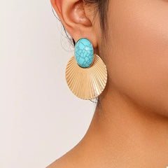 Turquoise Stone Fan Drop Earrings Golden onesize OutfitFlow