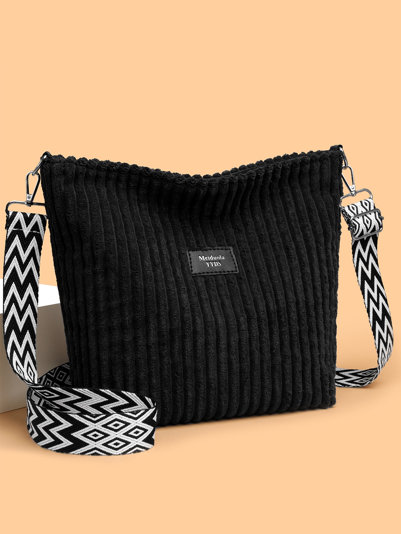 Corduroy Solid Color Crossbody Bag with Removable Strap Black One Size OutfitFlow