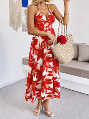 Crisscross Back Printed Midi Dress with Cutout Detail Red OutfitFlow